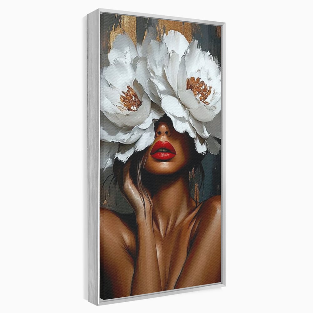 Tablou canvas cu tablou canvas cu portret de femeie, in rama de aluminiu argintiu